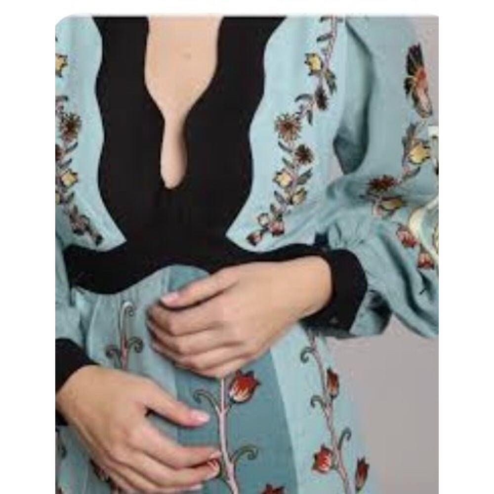 New! Farm Rio Flowing Beauty Blue Embroidered Long Sleeve  A-Linen Dress SzS - Picture 6 of 11